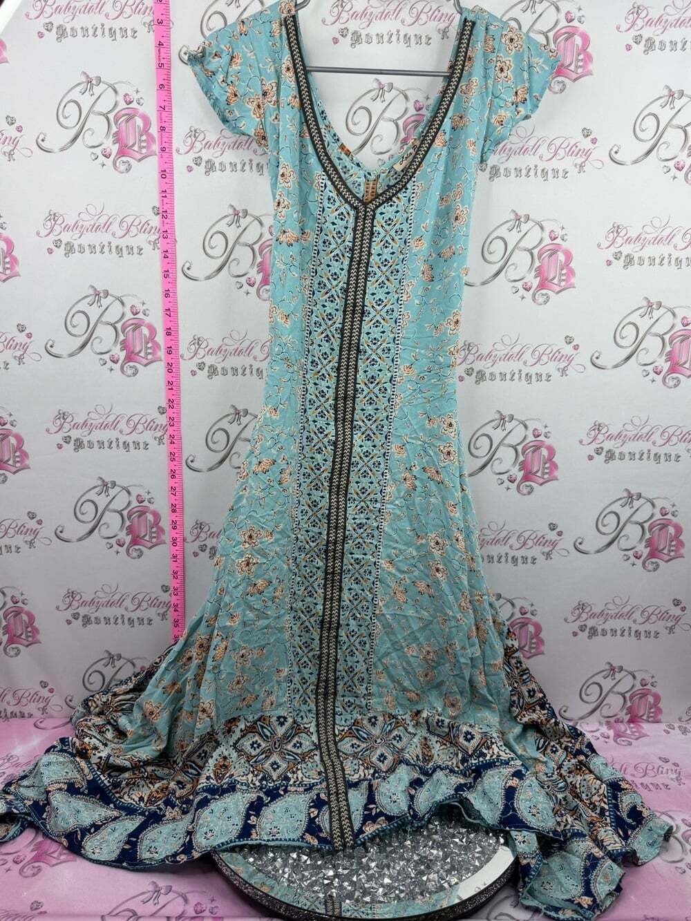 LOLA P Dress long flowy Bohemian Embroidered Maxi Dress - Aqua Floral